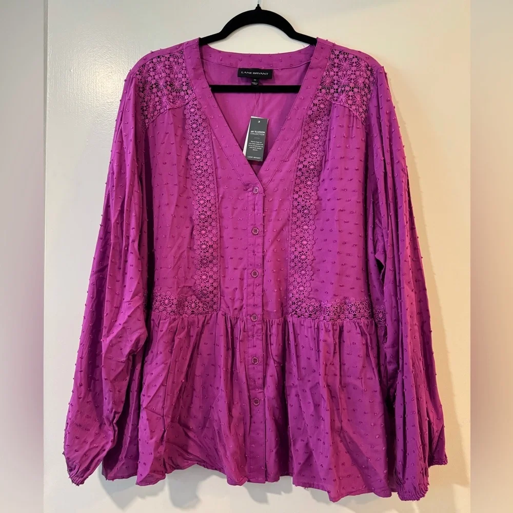 NWT Lane Bryant fuschia Swiss dot and lace Women's Top long sleeve size 22 - Picture 1 of 5